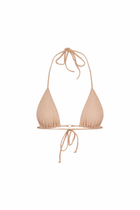 Beige bikini top with halter neck design on a white background