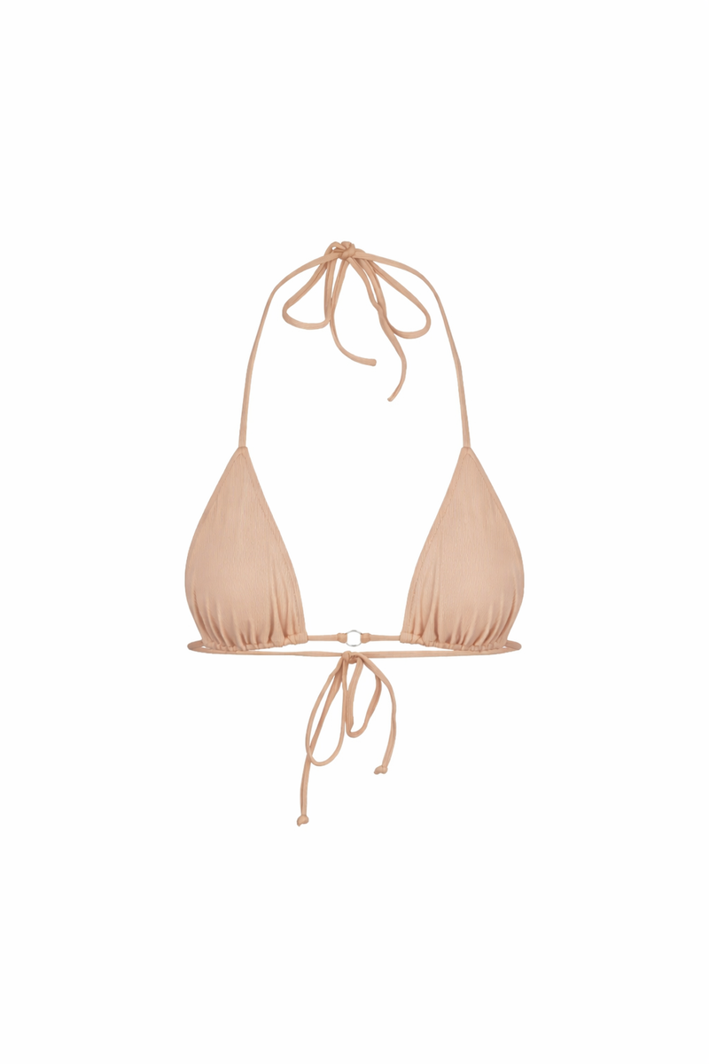 Beige bikini top with halter neck design on a white background