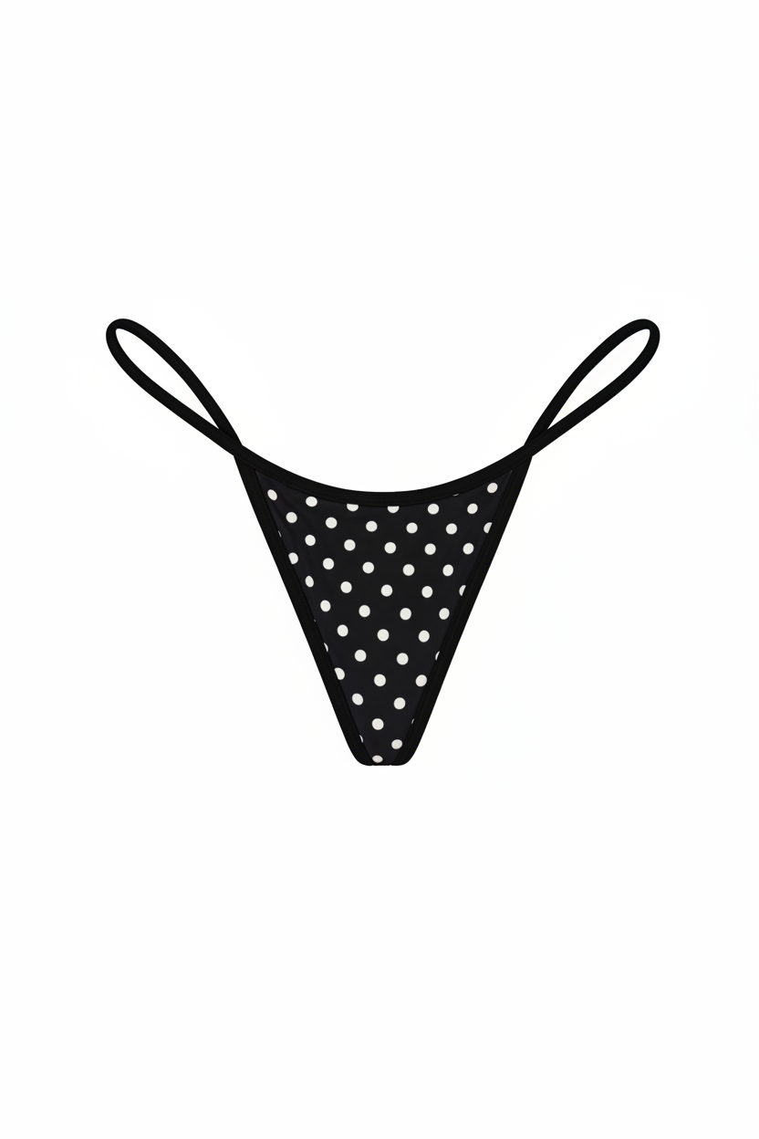 Black polka dot thong on a white background