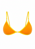 Orange bikini top with yellow straps on a white background