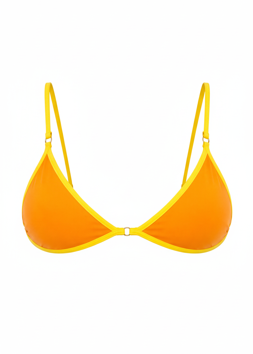 Orange bikini top with yellow straps on a white background